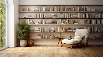 Obraz na płótnie Canvas Reading place with wooden floor bookshelves white wall