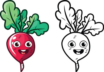 Happy Radish cartoon vector illustration, Daikon,  Forage Radish,  Raphanus raphanistrum, colored and black and white line art stock vector image