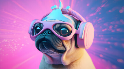 Fairy Kei style pug dog wearing a VR headset and experiencing virtual reality simulation, metaverse and cyberspace. Generative AI