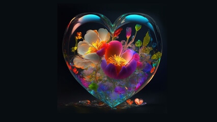 A heart-shaped glass is filled with water and there is a plant in it., heart in the glass, heart with flowers