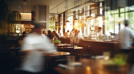 Keuken spatwand met foto Movement blurred restaurant background with some people eating and chefs and waiters working © ND STOCK