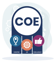 COE - Center of Excellence acronym. business concept background. vector illustration concept with keywords and icons. lettering illustration with icons for web banner, flyer - obrazy, fototapety, plakaty