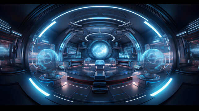 full 360 spherical panorama view of futuristic sci-fi environment with neon lights 3d render illustration hdr hdri vr design. Generative AI