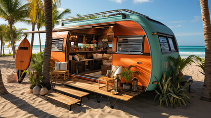 outside view of a container tiny house on tropical  beach