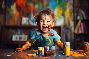 Colorful Creations: Happy Child Using Painted Hands for Art. Generative Ai - obrazy, fototapety, plakaty