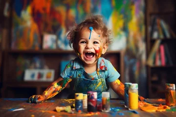 Foto op Plexiglas Colorful Creations: Happy Child Using Painted Hands for Art. Generative Ai © Haider