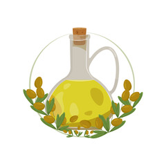 Glass bottle, jug of olive oil in a round frame decorated with olives on olive branches. Flat vector illustration isolated on white background, eps 10.