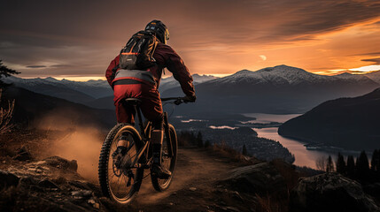 an athlete rides his mountain bike down a hill at a dramatic sunset. back view.