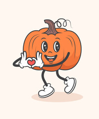 Pumpkin cartoon character concept. Cute vector illustration in retro style