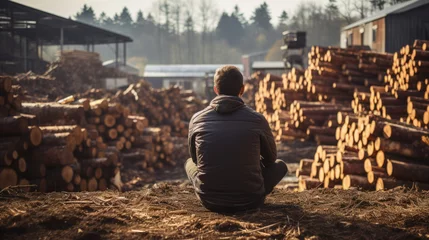 Photo sur Plexiglas Texture du bois de chauffage a man sits on a thick log in a sawmill. back view.