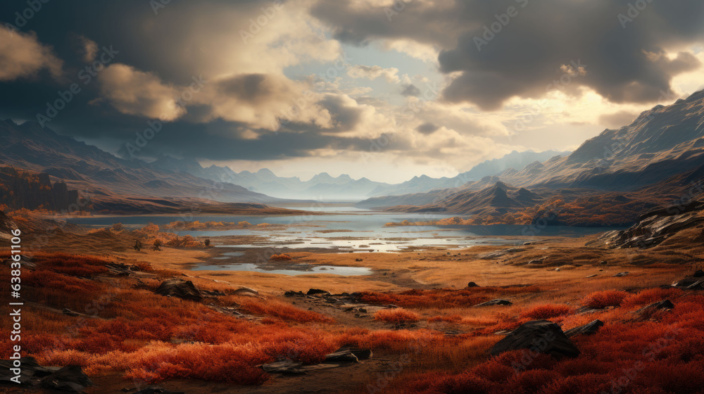 Wall mural an autumn landscape in the evening with a lake in the foreground and mountains can be seen in the distance. - Wall murals
