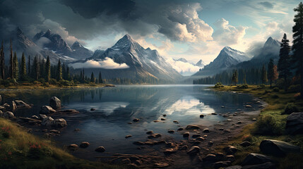 Fototapeta premium creative illustration of a lake with snowy mountains in the background like in alaska or canada.