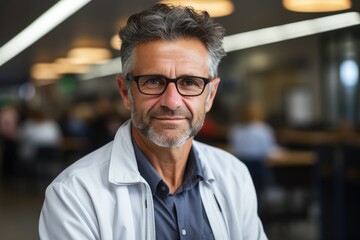 Obraz premium Portrait of smiling doctor in eyeglasses and white robe