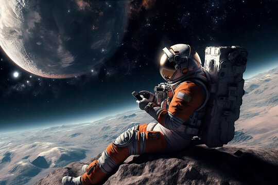 Astronaut using her mobile phone during spacewalk, messaging, taking pictures