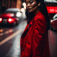 photo of woman in red cloth at street night with light, generative AI