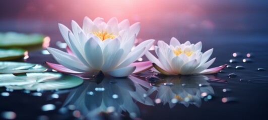 Abstract beautiful white lotus flower in blue pink water lily blooming on the water, magical spring,summer dreamy background illustration (Generative Ai)
