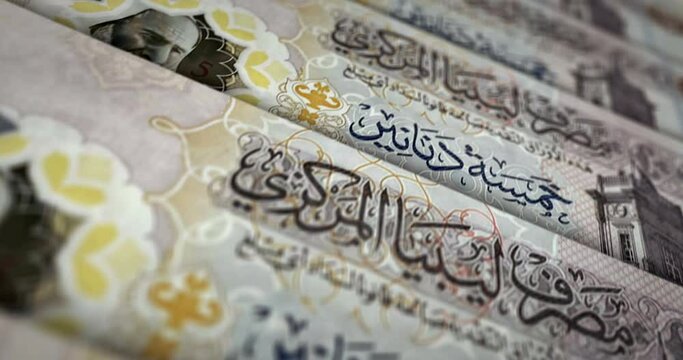 Libya money Libyan Dinar banknote loop. LYD money texture. Concept of economy, business, crisis, banking, recession, debt and finance. Moving over note. Loopable seamless 3d animation.