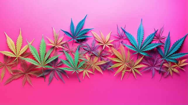 Colourful marijuana cannabis leaves on a pink background