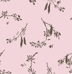 Gentle seamless pattern of brown blooming acacia branches prints on pink background; delicate botanical surface design