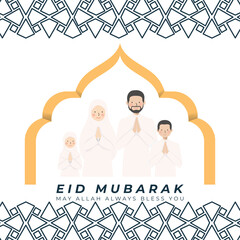 Eid Mubarak Wishes and Greeting of Family Portrait Cartoon Character in White background and geometric shape pattern