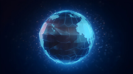 . Generative AIGlowing blue polygonal globe hologram on dark background