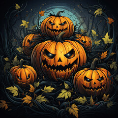 Halloween greeting card with a group of scary pumpkins in the forest at night