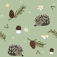 Seamless natural pattern of pine cones, hedgehogs and daisies. Vector illustration - 638362933