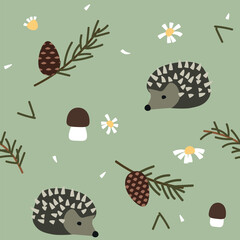 Seamless natural pattern of pine cones, hedgehogs and daisies. Vector illustration - 638362934