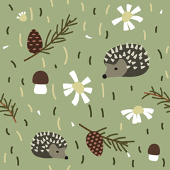Seamless natural pattern of pine cones, hedgehogs and daisies. Vector illustration - 638362935
