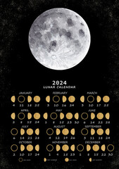 Lunar calendar 2024. Moon phases calendar for 2024 with watercolor full moon and golden moons. For the Northern hemisphere.