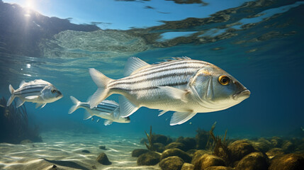 fish in the clear water and the sun shines in from above. - obrazy, fototapety, plakaty