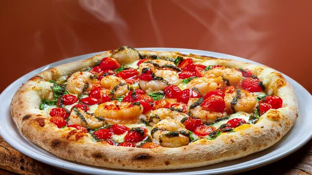 Seafood pizza with shrimp, squid, shellfish