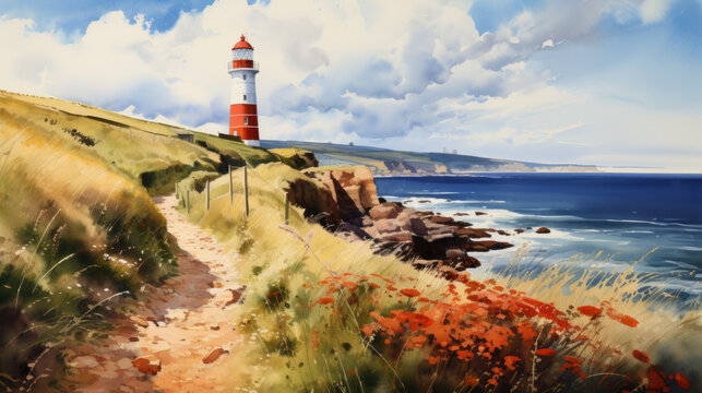 creative watercolor illustration of a lighthouse on a rough coast by the sea.