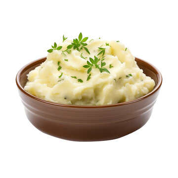 mashed potatoes in a bowl isolated on white background, png file.