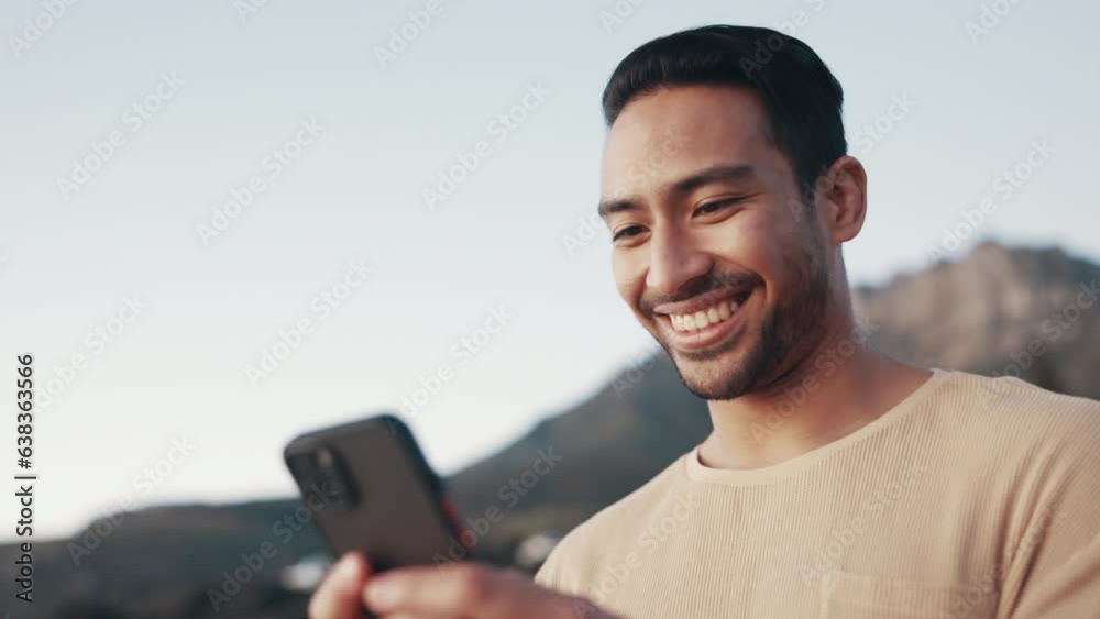 Poster beach, communication and man typing on a phone for text message on social media, mobile app or websi