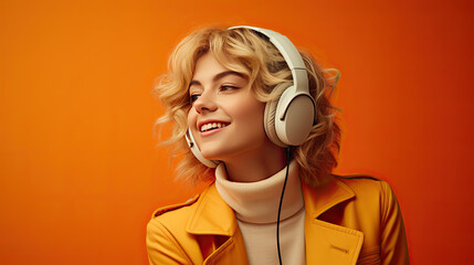 a pretty young woman with big headphones enjoys the music. isolated on orange background.