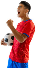 Concentrated man, soccer, football player in uniform standing with ball isolated on transparent background © Lustre Art Group 