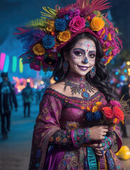 beautiful woman with painted skull on her face for Mexico's Day of the Dead