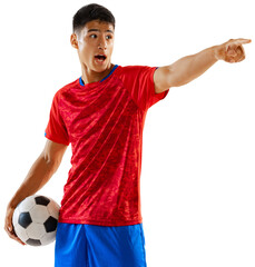 Motivated man, football, soccer player in uniform with ball, pointing during game isolated on...