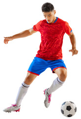 Man, football, soccer player in colorful uniform during game, in motion with ball isolated on...