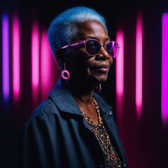 Obraz premium photo of middle aged old African woman with with mixed pink and blue neon light, generative AI