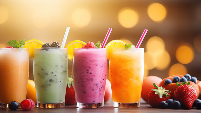 fila di frullati salutari vegani , fragola, mango, mirtillo e kiwi, concetto di salute e cibo vegetale, sfondo sfocato con bokeh, formato banner