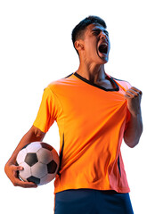 Man, soccer player in bright uniform shouting with ball during game isolated on transparent...