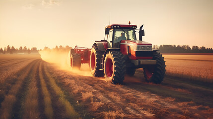 Modern tractor working in a field at sunset, machinery for agriculture harvesting. Generative AI
