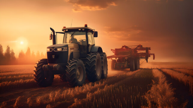 Modern tractor working in a field at sunset, machinery for agriculture harvesting. Generative AI