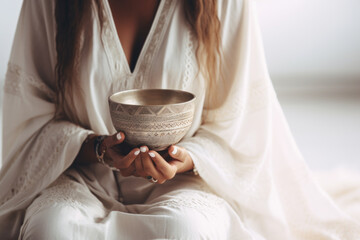 Woman holding a Tibetan singing bowl during meditation and music therapy session