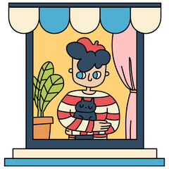 Window with man holding cat cartoon illustration