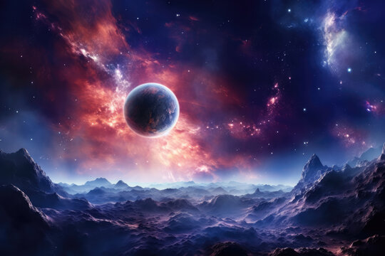A dazzling reality filled with incredible details, offering an experience of observing space and galaxies from a planetary vantage point, encompassing nebulas, diverse planets, and light reflections