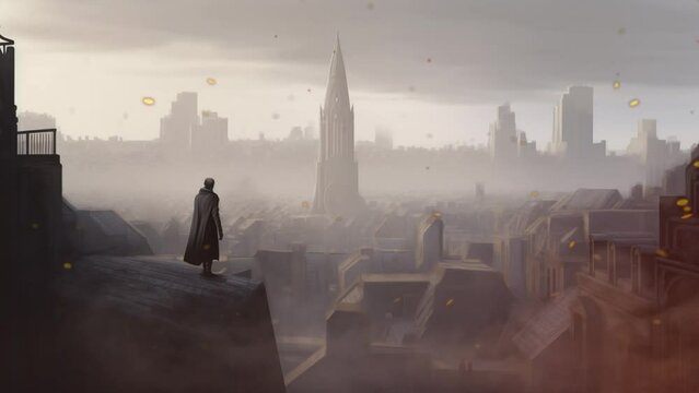 Medieval man stading on a building looking an ancient cityscapes. 4k animation video background.  Generated AI Video.