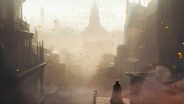 Medieval man stading on a building looking an ancient cityscapes. 4k animation video background.  Generated AI Video.